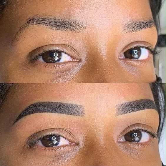 Antes e depois de um procedimento de sobrancelhas realizado no estúdio